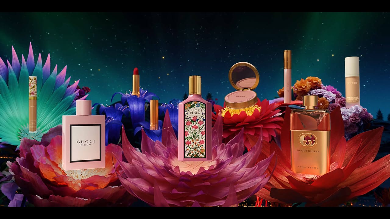 Gucci Holiday Beauty Wishes Campaign with product line up on Flora