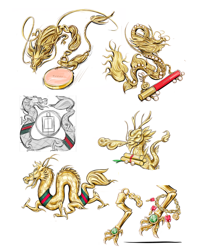 Black and white golden dragon sketch development