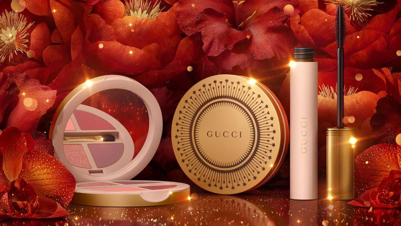 Gucci products in 3D CGI on red flower background