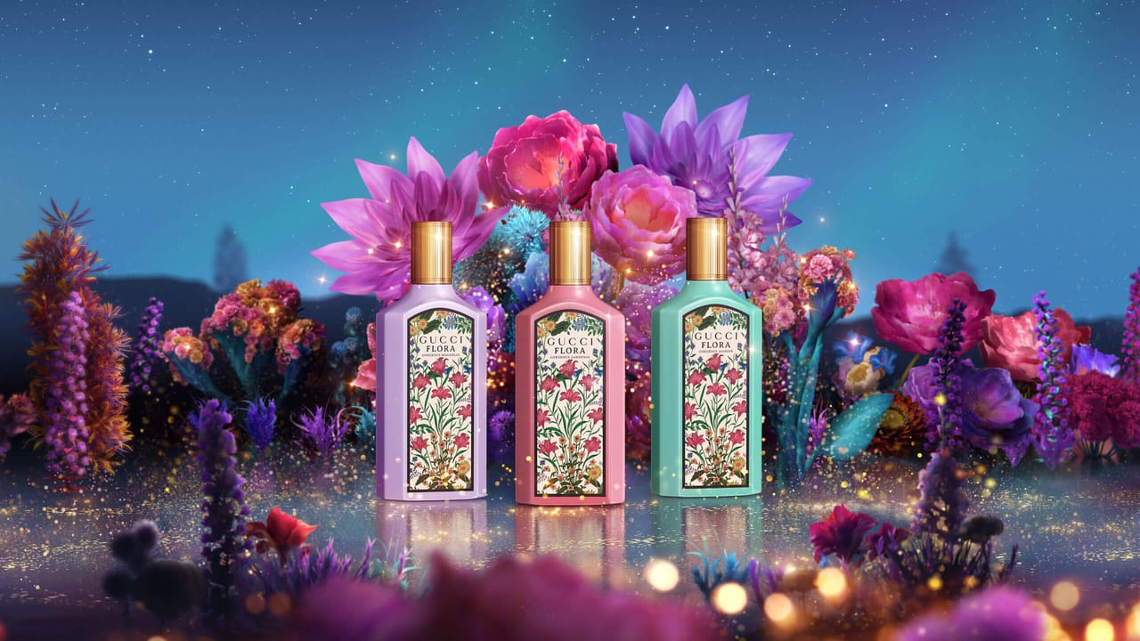 CGI Product models of the Gucci Flora bottles lined up within scene