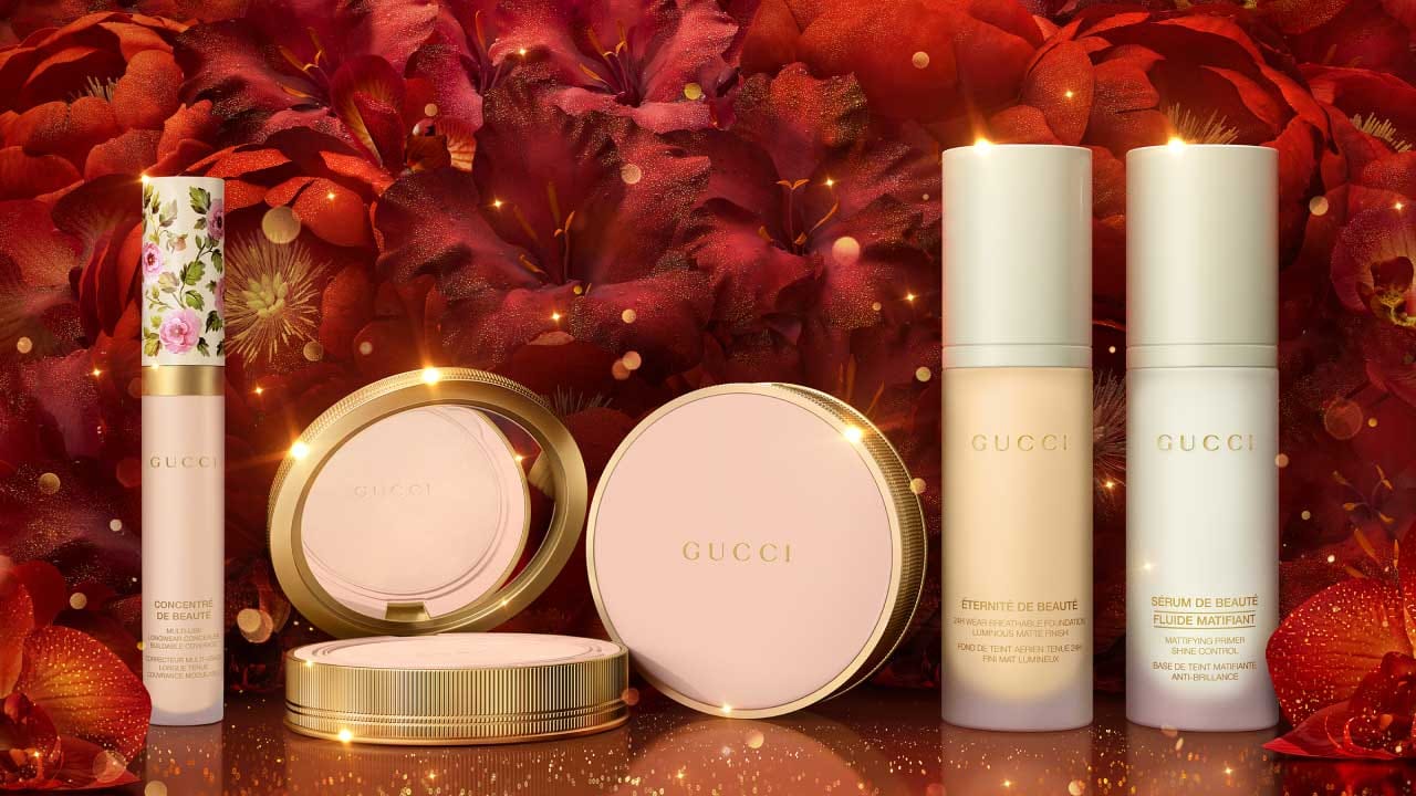 Gucci Foundation on Red Flora Background in CGI