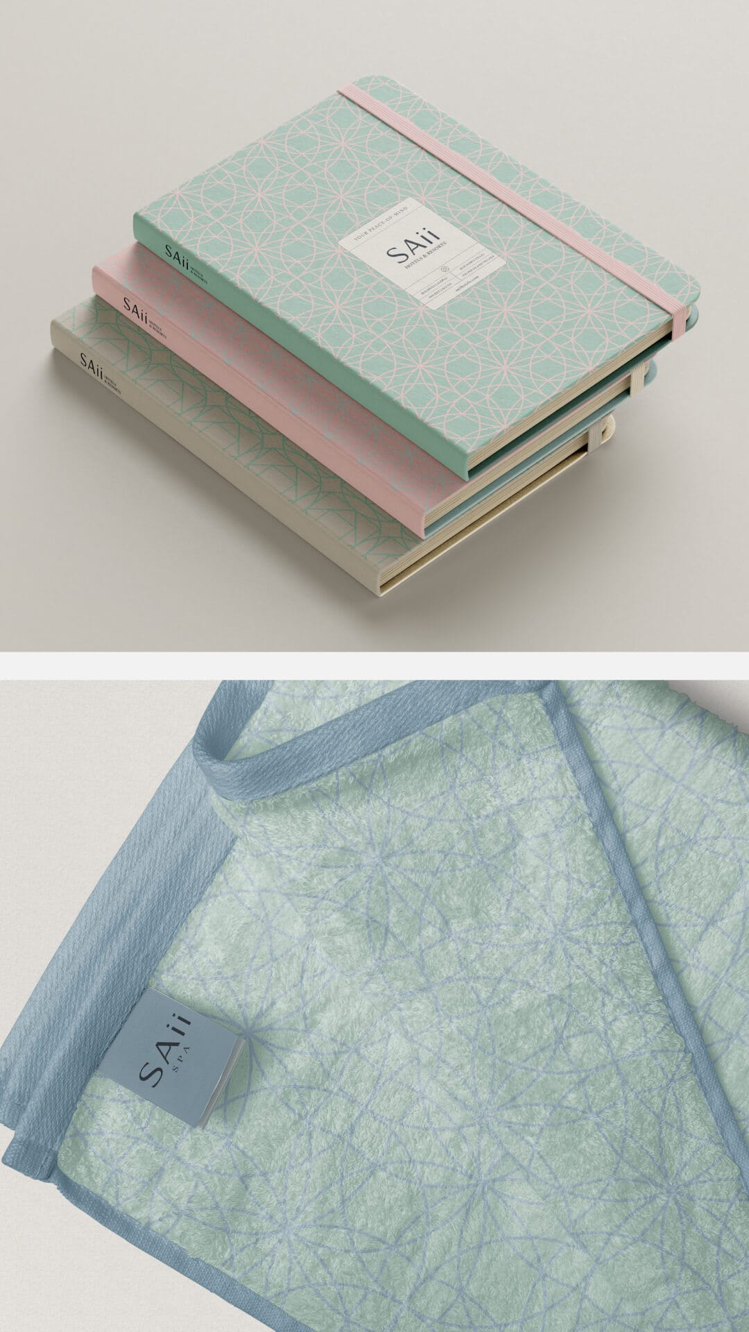 Saii printed branding including notepad and towel
